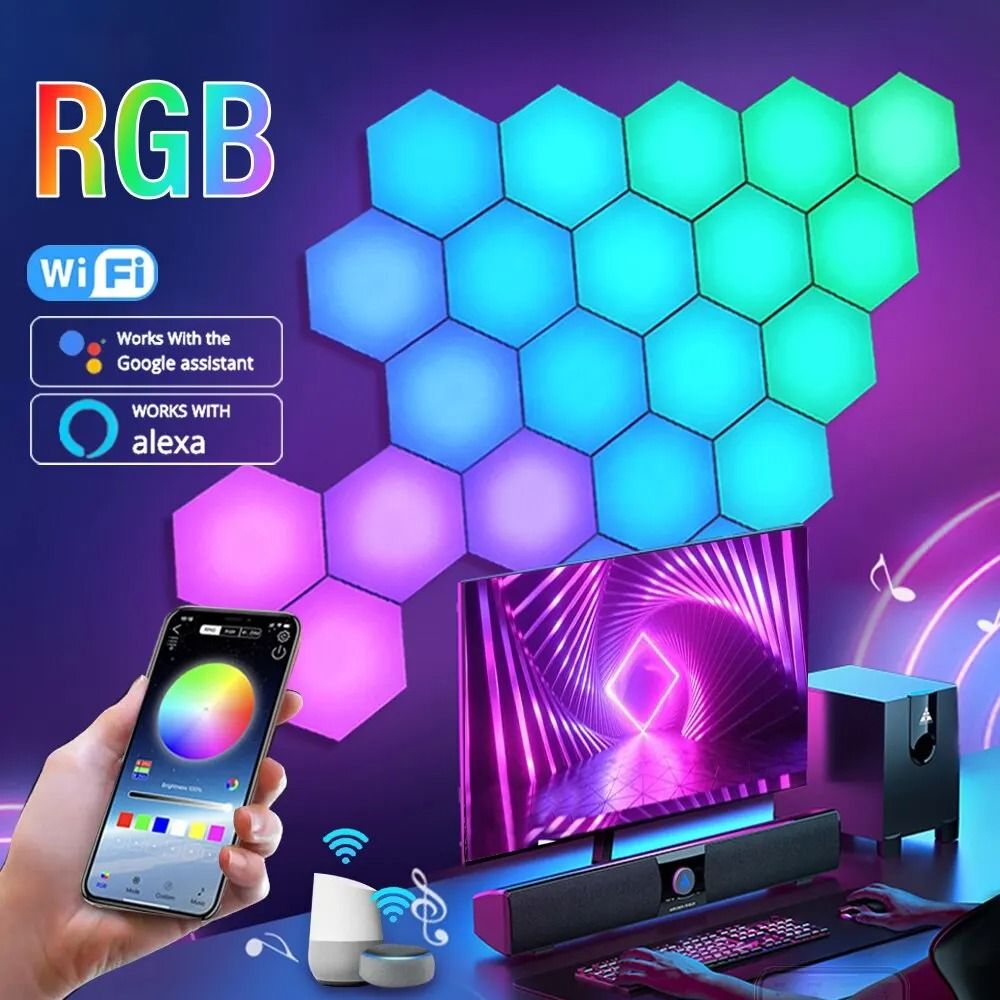Intelligent Hexagonal RGB Wall Lamp DIY Music Rhythm Ambient Night Light 6pcs bt Wireless