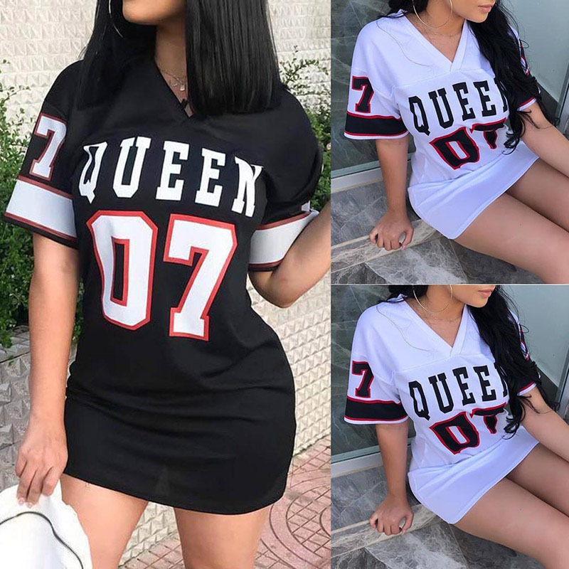 V Neck Queen Letters Print Dress Short Sleeve Basketball Sporty Style Sexy Loose Female Clothing Streetwear white l