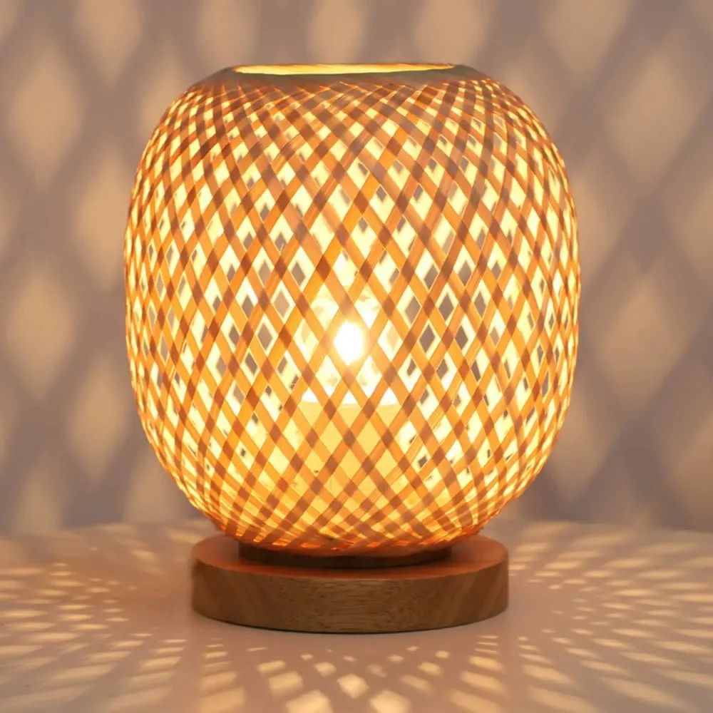 Bohemian Handwoven Bamboo Table Lamp, Vintage Rattan Desktop Light For Study Teahouse Bedside Natural Decor type A us Plug