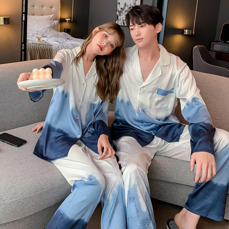 Long Sleeved Satin Pajamas Set For Couples Ice Silk Sleepwear Button Shirt Trousers Suit men Blue xl