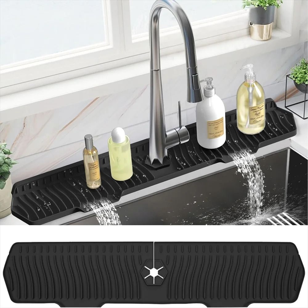 Premium Silicone Kitchen Sink Splash Guard Draining Mat & Faucet Sink Protector 76 Cm Black