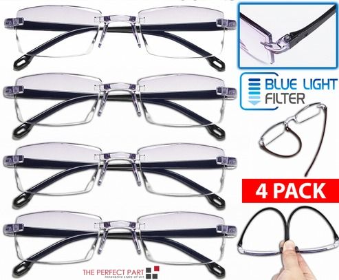 Mens Rectangular Rimless Reading Glasses, Blue Light Blocking, Unisex Readers, UV400 Protection For Eye Strain Relief =+3.00 Strength