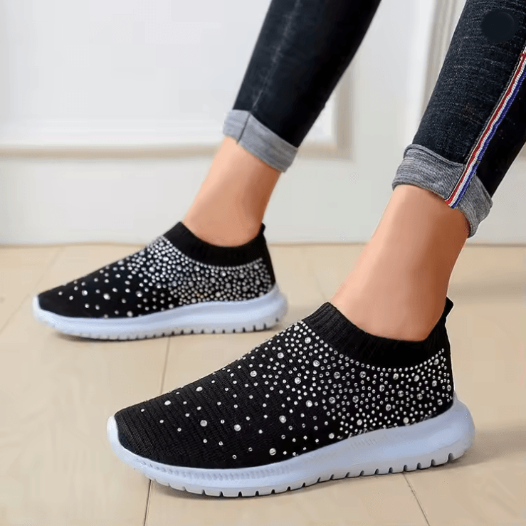 Womens Crystal Mesh Slip On Walking Sneakers For Outdoor And Everyday Comfort 36 black