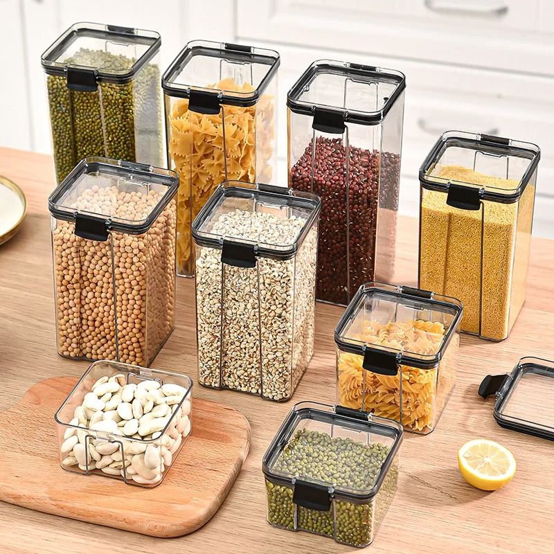 Sealed Kitchen Grain Storage Jars Moisture Proof Plastic Food Organizer Set black Cover 460 Ml 4 Pieces