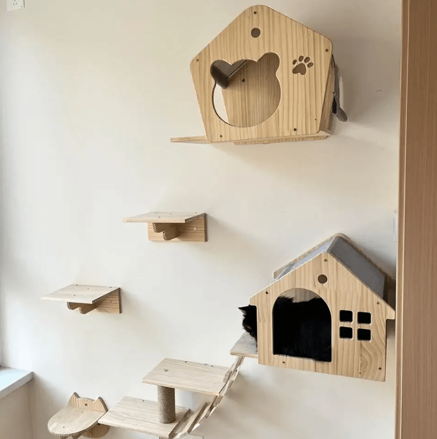 Wall Mounted Wooden Cat Climbing Shelves With Sisal Scratching Post Hammock And Pedals cat Pedal