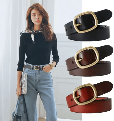 DINISITON Womens Genuine Leather Belt Vintage Gold Pin Buckle Strap For Jeans And Dresses gold Black 95 Cm