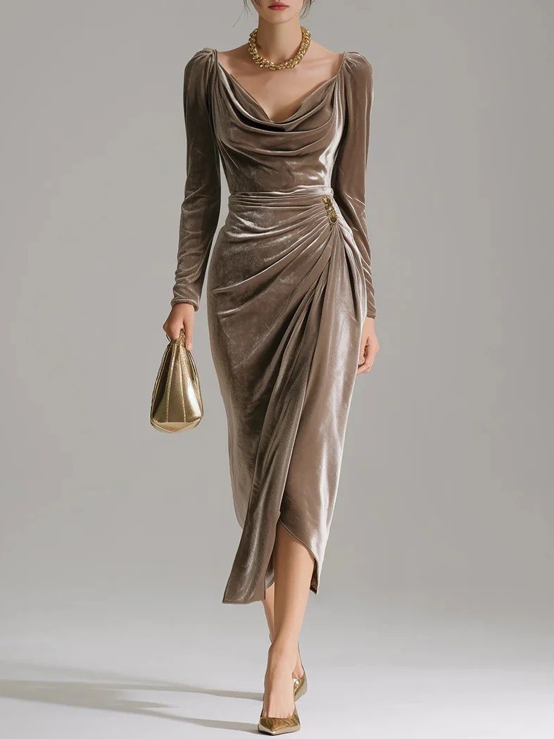 Casual Gold Velvet Sexy Bodycon Dress, European And American Womens Long Sleeve Slim Pleated Split Style burgundy xl