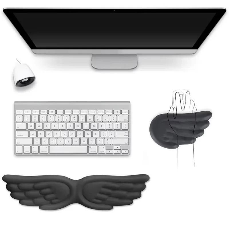 Angel Wings Ergonomic Wrist Rest Set Memory Foam Non Slip Keyboard & Mouse Pad For Office And Gaming white Short