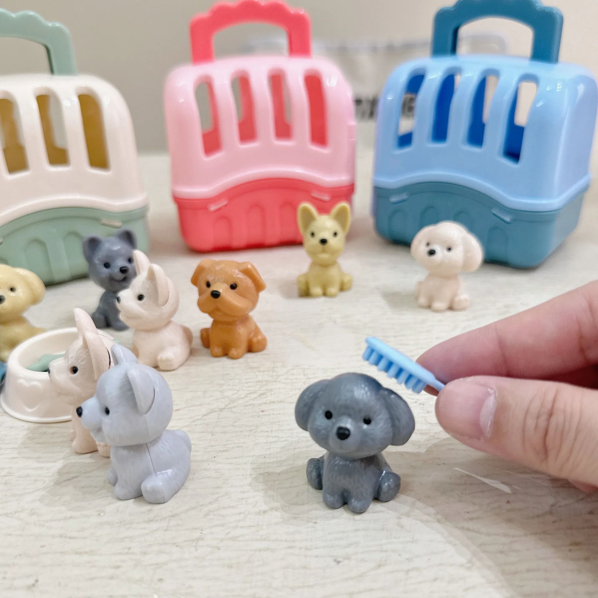 8 Piece Puppy Family Play Set Miniature Pet Basket & Dog Doll Collection blue