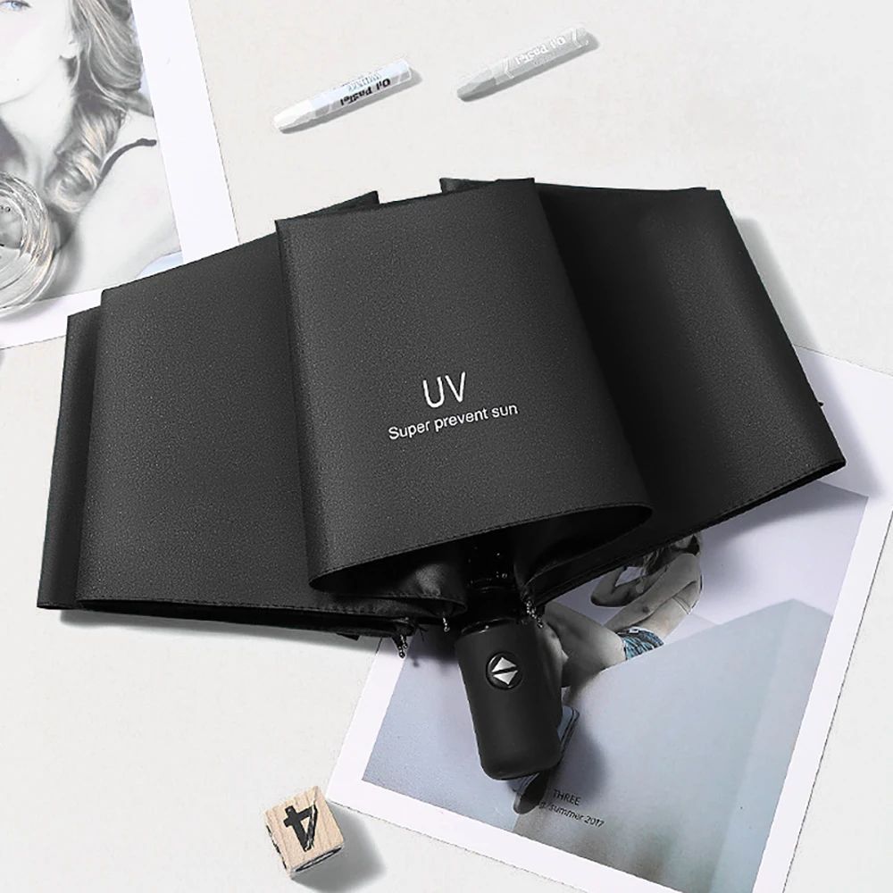 8 Rib Automatic Folding Umbrella With UV Protection Compact Windproof Travel Rain & Sun Umbrella Lightweight Durable black