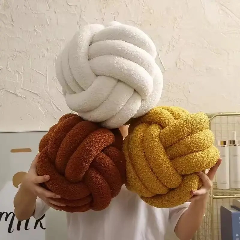 Knotted Woven Ball Pillow Cushion With Backrest For Sofa And Home Bedroom Decoration gray