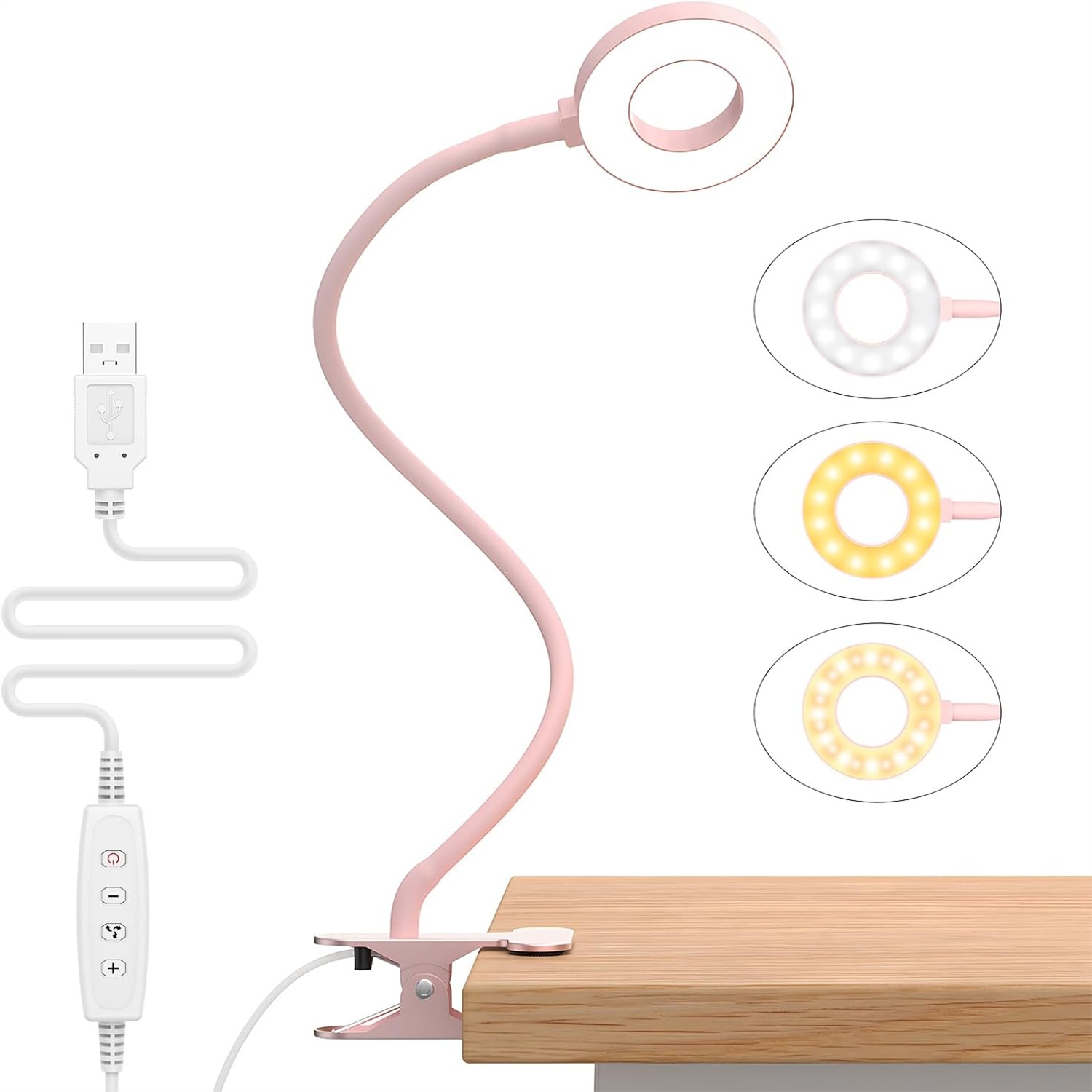 Portable LED Desk Lamp With USB Reading Light White Pink Black Flexible Easy Clip Night Lamp white