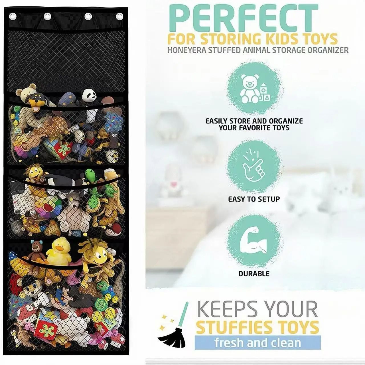 Over Door Plush Toy Storage Hanging Organizer Bag For Kids Rooms gray 165x60 Cm 4 Cells