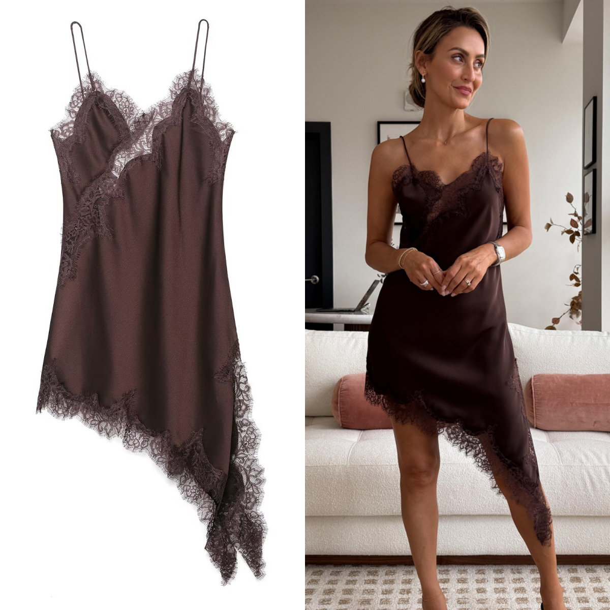 Women's Lace Asymmetrical Dress Sexy, Summer Suspender Dress, Fashionable New Temperament Evening Wear brown xs