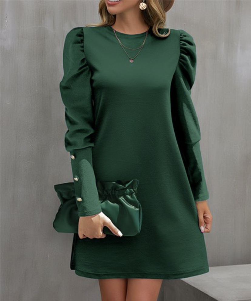 Spring And Autumn Round Neck Bubble Sleeve Dress, Button Decorative Long Sleeve Dress For Women Elegant Daily Wear royal Blue xl