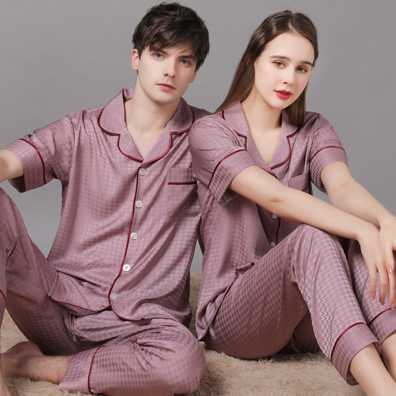 Summer Short Sleeve Couple Pajamas Suit Men Ice Silk Satin Long Pant Sleepwear High Quality Couples Set purple men L 60 70kg