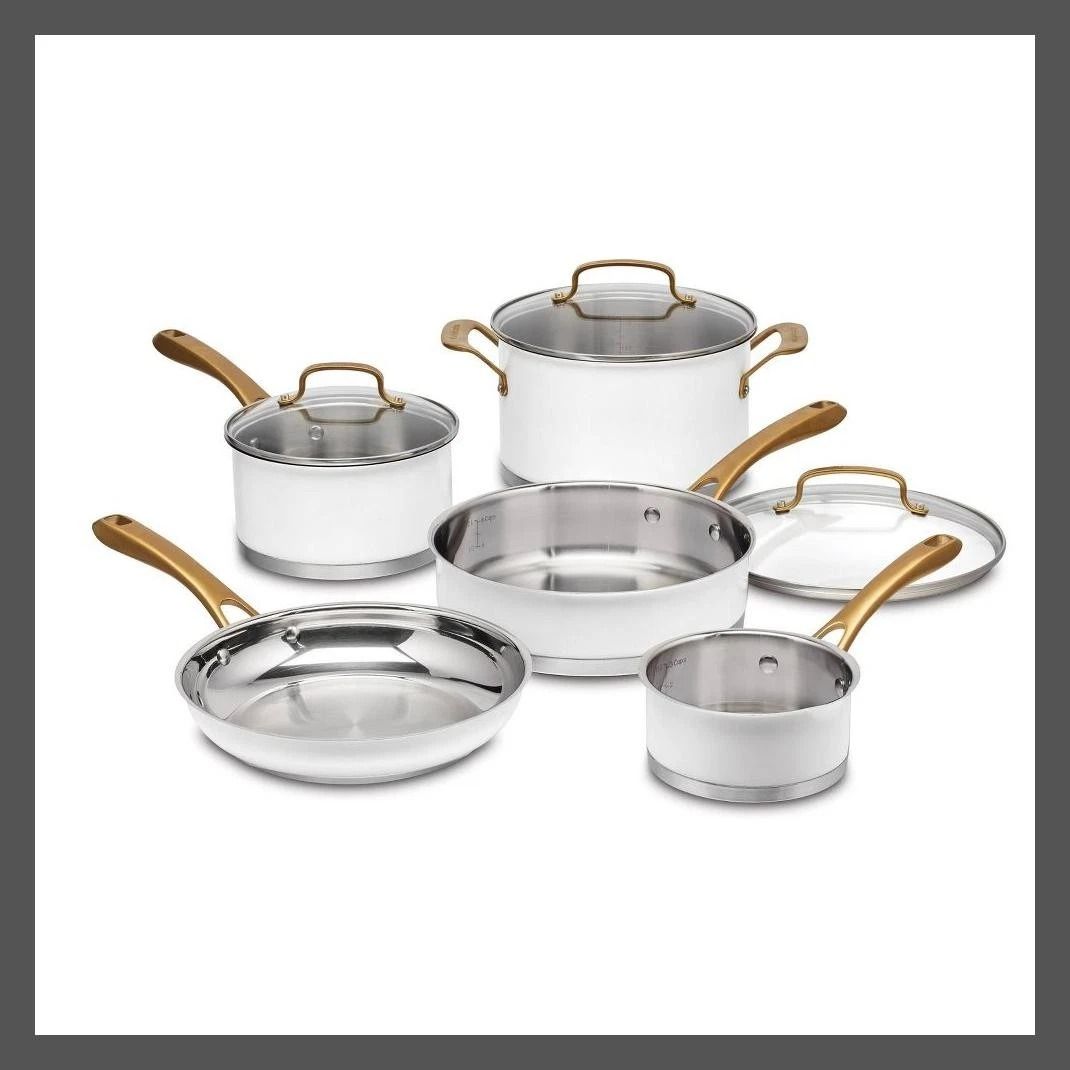 Matte White Stainless Steel Cookware Set, Brushed Gold Handles, Even Heating, Oven Safe Matte White Stainless Steel Cookware Set, Brushed Gold Handles, Even Heating, Oven Safe