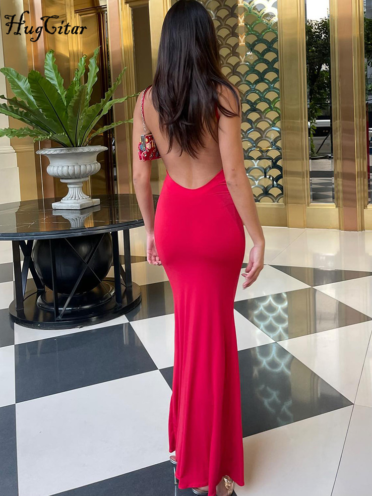 Elegant Sexy Backless Bodycon Maxi Dress For Women Spring Birthday Party Casual Solid Sleeveless red s