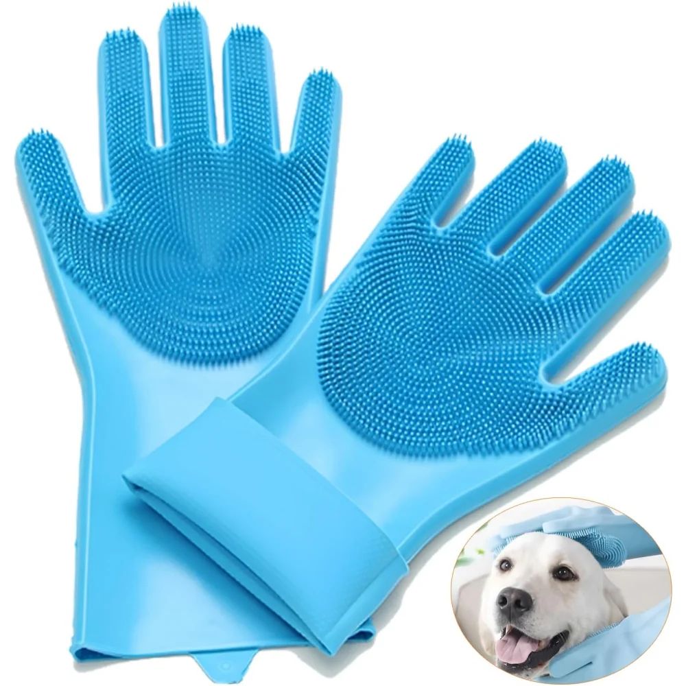 2 in 1 Heat Resistant Silicone Cleaning Gloves With Built In Scrubber Teeth gray