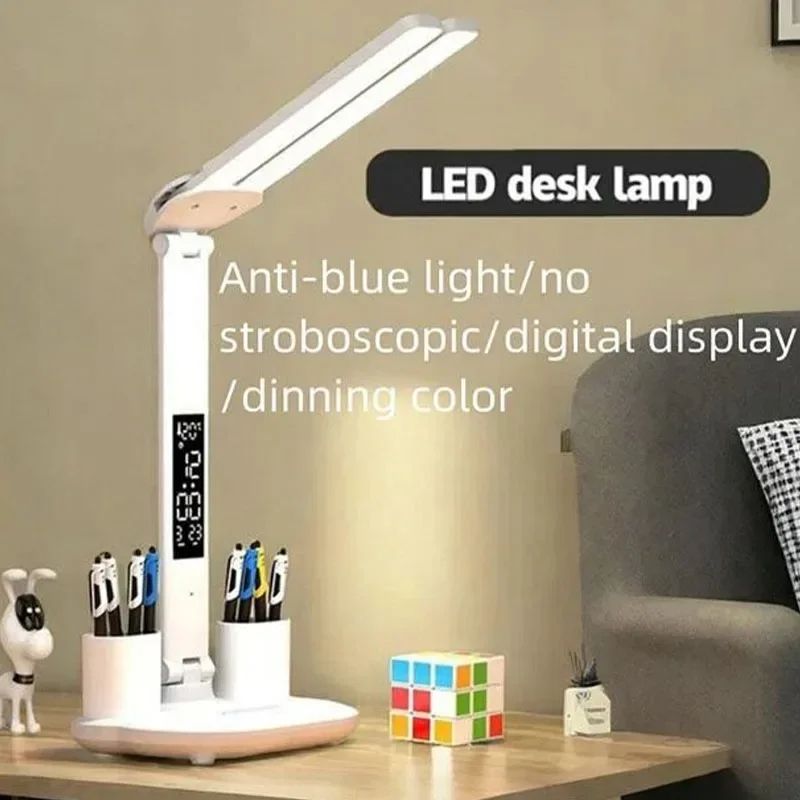 LED Desk Lamp With Clock Calendar Temperature, USB Touch Dimmable Foldable Table Light Night Lamp For Study Reading no Pen Holder no Battery