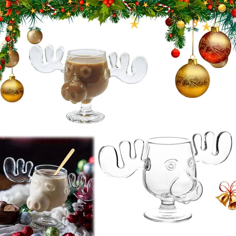 Christmas Moose Mug Reindeer Head Glass Cup 240ml Holiday Drinkware mug 2 Pcs
