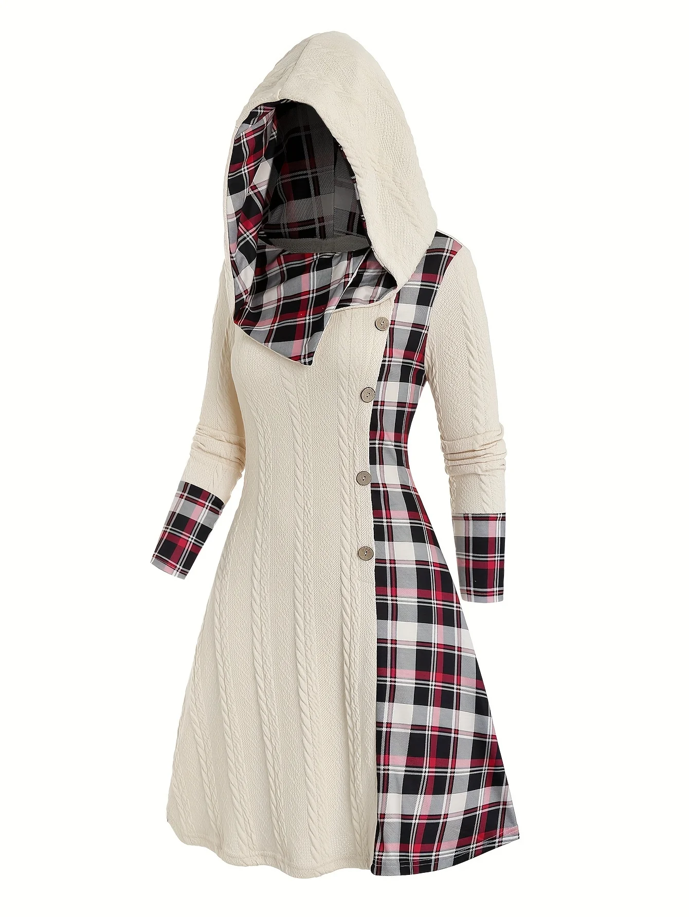 Plaid Print Knitted Hooded Dress, Fake Buckle High Waist, Long Sleeve A line Dress grey l