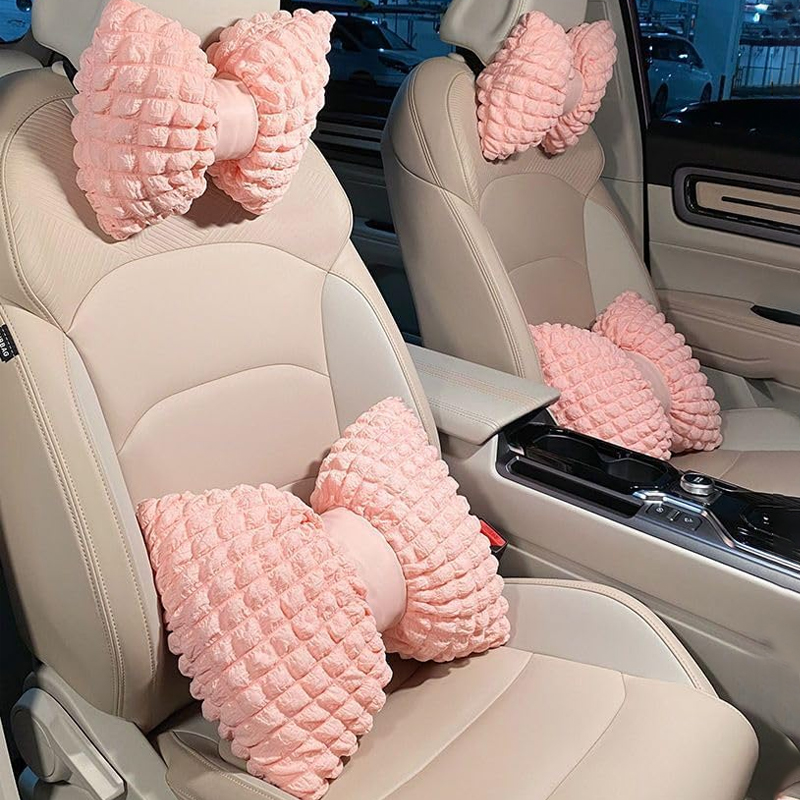 Cartoon Bowknot Car Waist Pillow, Soft Pink Lumbar Support Headrest For Car Interior Decoration headrest