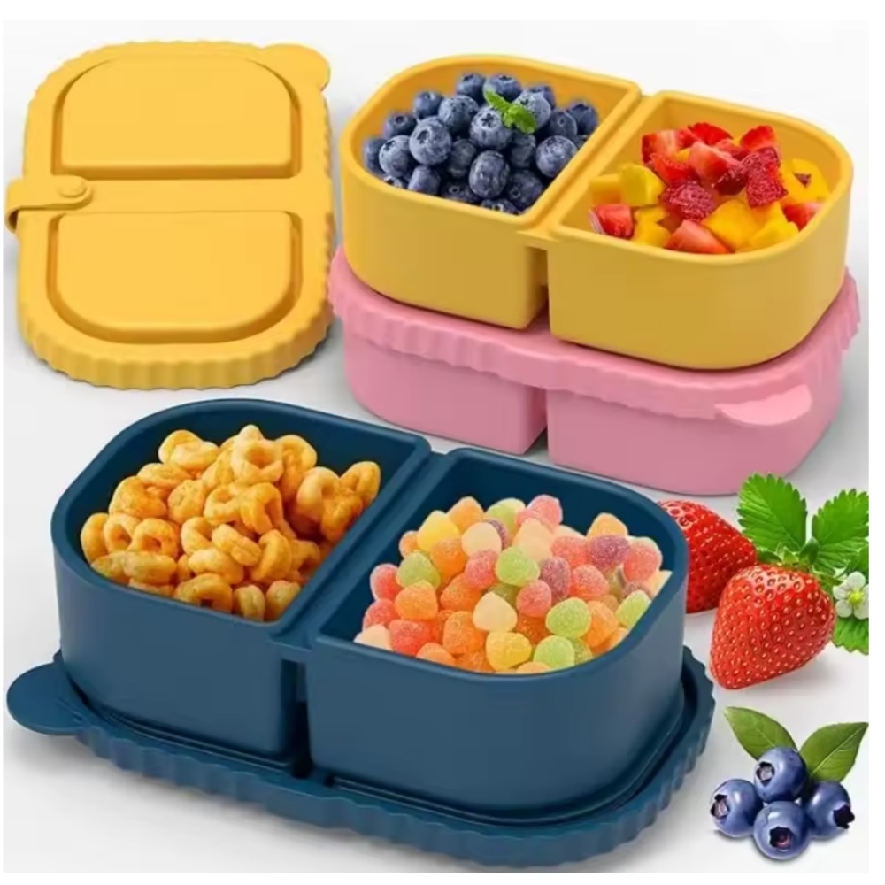 Double Compartment Snackle Box Leakproof Sauce Salad Box Premium Silicone Reusable Snack Containers green