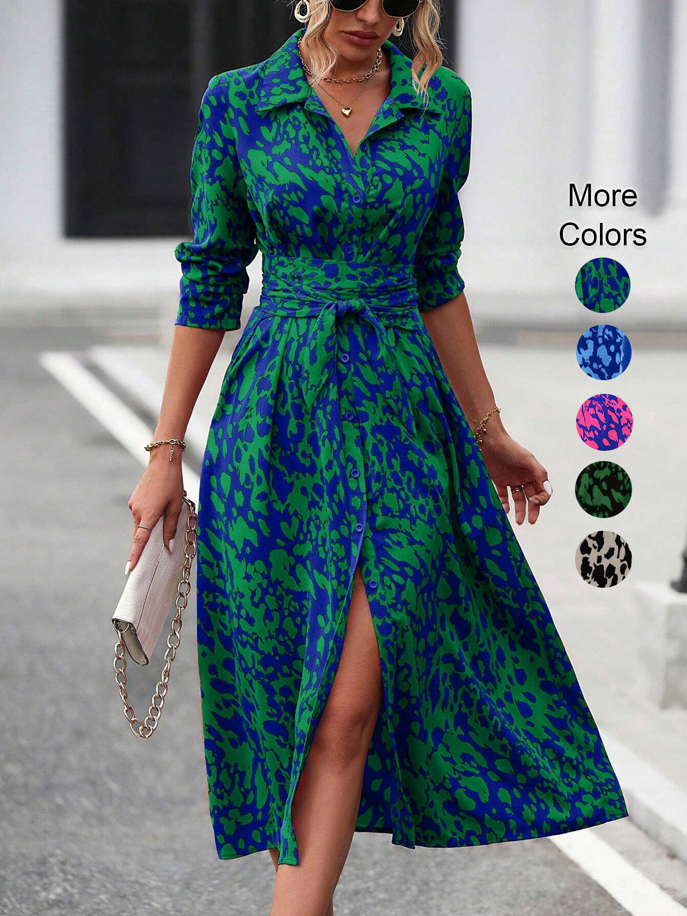 Women's Long Sleeve Belted Waist Midi Dress, Elegant Random Print Button Down Shirt Dress, Spring Fall Office Casual green l