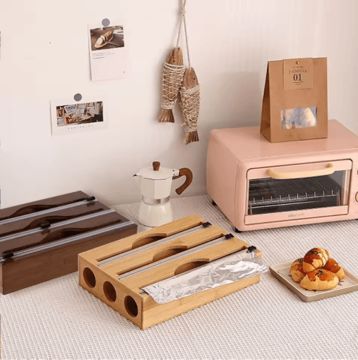 Bamboo Cling Film Tin Foil Cutter Box Kitchen Organizer With Built In Cutter 1 Pc ds019y1