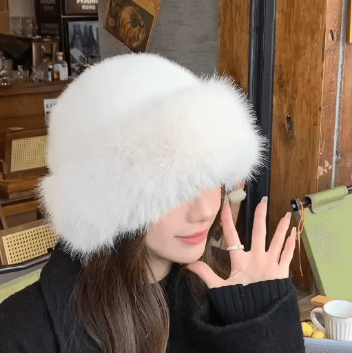 Womens Winter Plush Bucket Hat Thickened Fluffy Mongolian Style Warm Cap For Skiing And Riding milk Tea