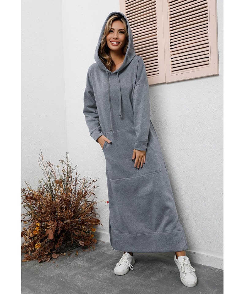 Winter Warm Midi Robe Hooded Long Sweatshirt Dress Casual Vestidos burgundy l