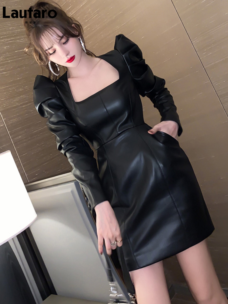 Women Spring Autumn Retro Black Faux Leather Mini Dress Puff Sleeve Square Neck Sheath Dress s