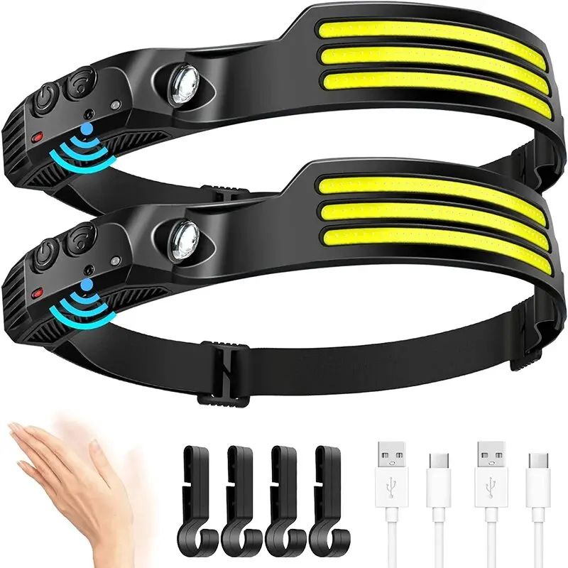 USB Rechargeable COB LED Sensor Headlamp With Built In Battery For Outdoor Camping And Fishing 3 white With Hook