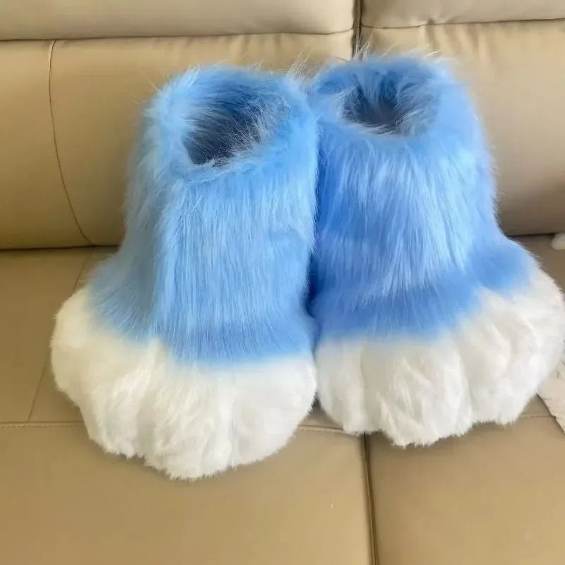 Fluffy Kig Fursuit Cosplay Paw Shoes black White 6