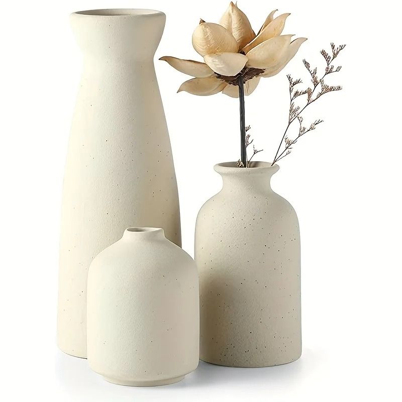 Set Of 3 Ceramic Flower Vases For Rustic And Modern Farmhouse Decor beige