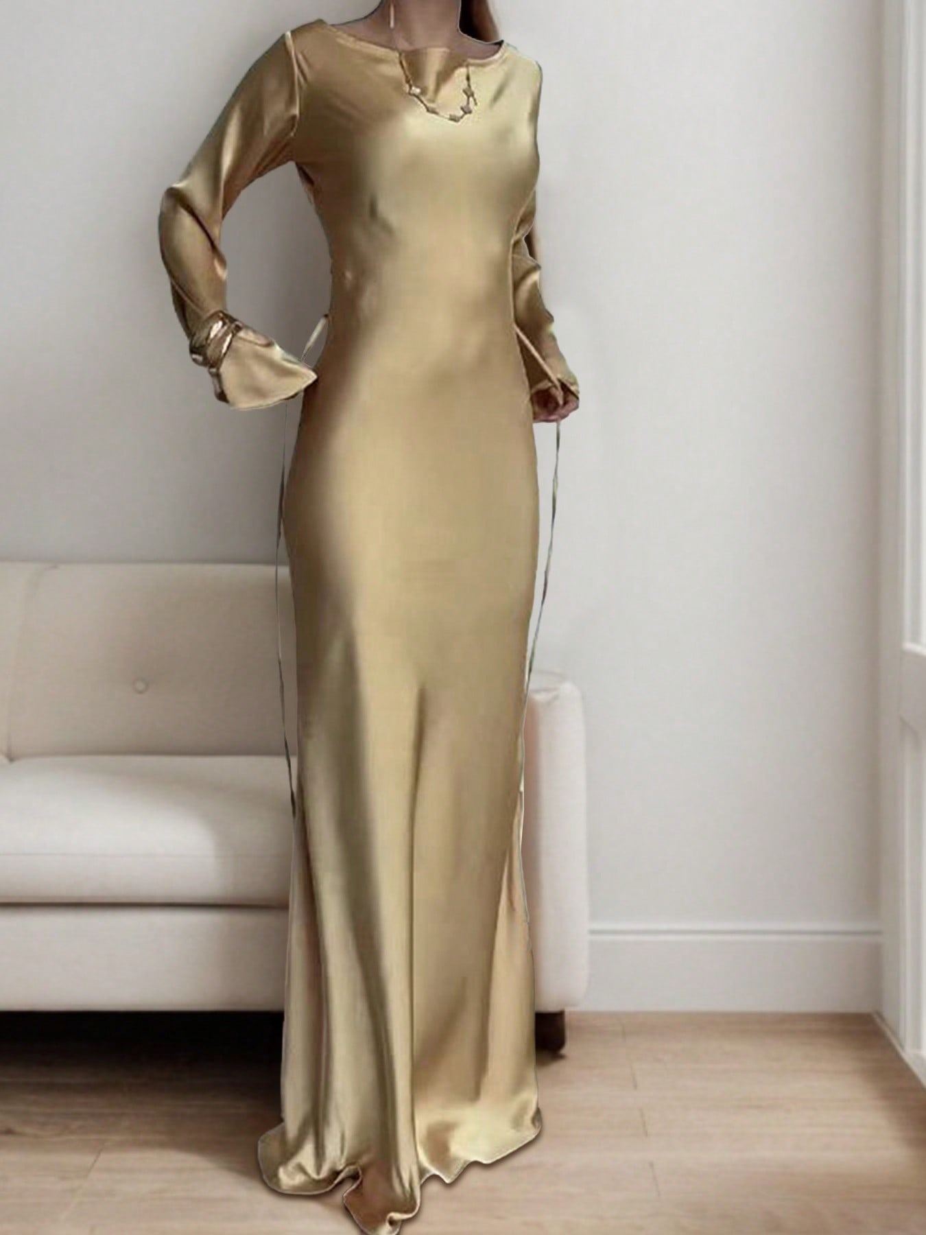 Luxury Womens Satin Maxi Dress, Bespoke Corset Waist Tie, Classic Round Neck, Flared Sleeve Evening Dress gold l