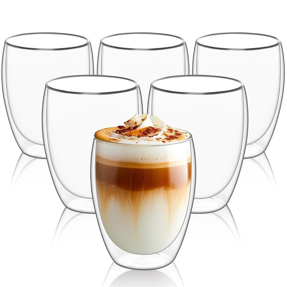 Double Wall Insulated Glass Espresso Cups Set Of 6 Thermal Coffee Mugs For Latte, Tea & More 450ml 6pcs (15.2 Oz)