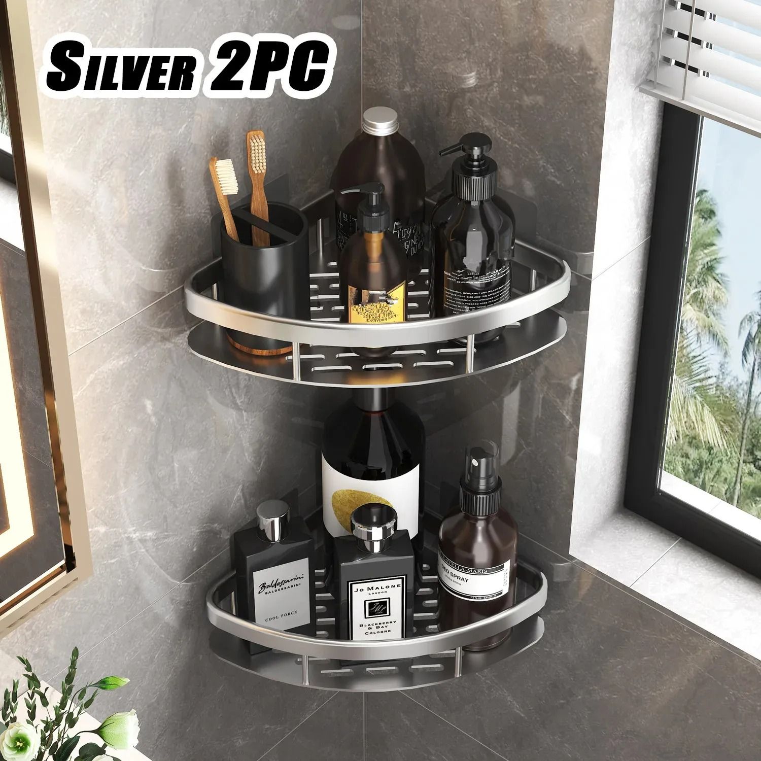 No Drill Aluminum Bathroom Shelf Corner Shower Storage Organizer h 02