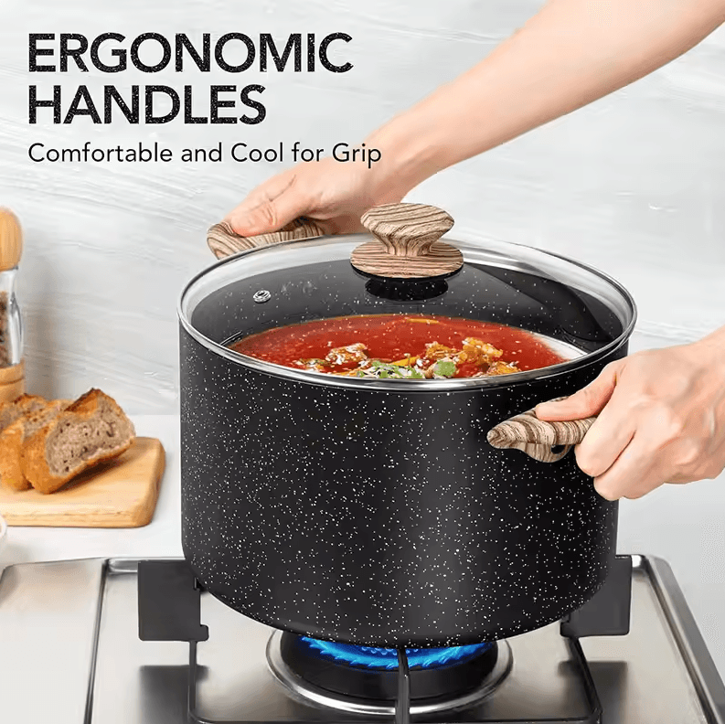 Nonstick Stock Pot Granite Large Soup & Pasta Cooking Pot With Glass Lid 5liters