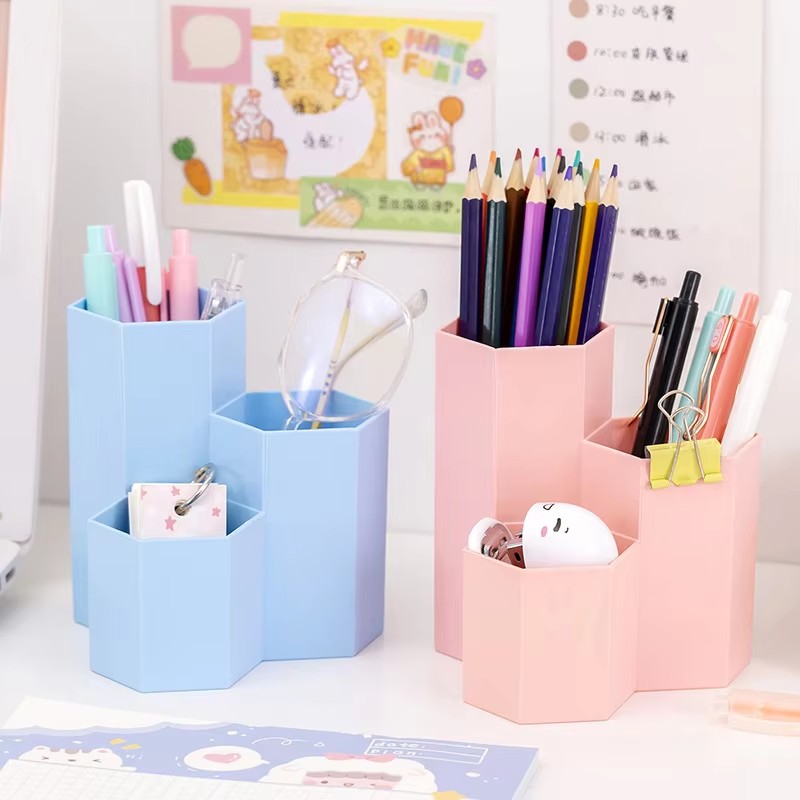 Multifunctional Desktop Storage Box Three grid Pen Holder Makeup Brush Stationery pink