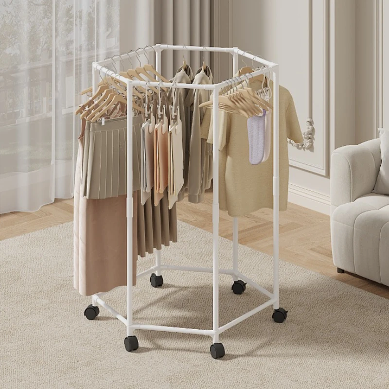 Movable Garment Organizer Hexagon Rotating Clothes Rack Dormitory Coat Hanger Stand Indoor Hat Drying Rack white