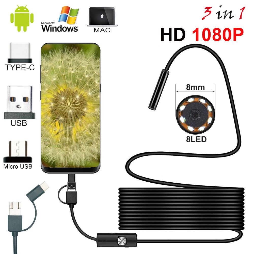 8 Mm USB Endoscope Camera 1080p HD With LED Lights And Flexible Waterproof Cable 32.8ft hard Cable