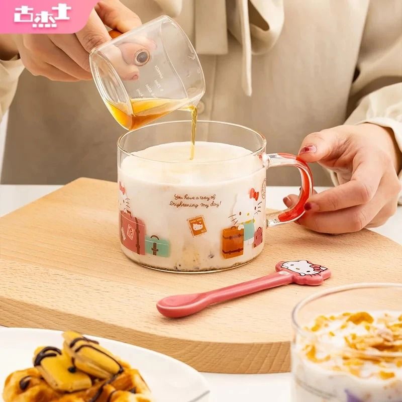 Sanrio Collaboration Transparent Glass Mug 10cm Cute Breakfast Oatmeal Cup With Colored Handle pochacco