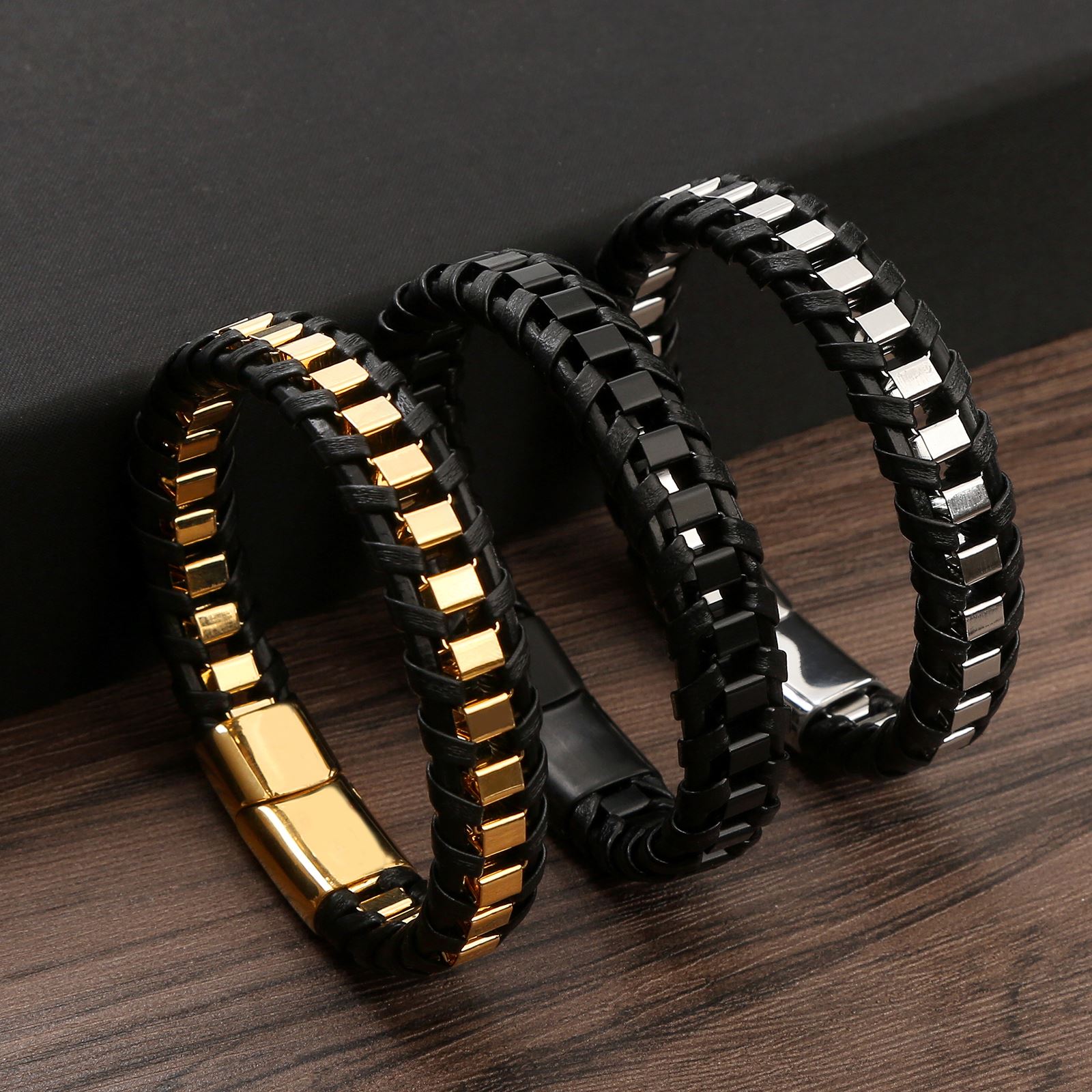 Charming Classic Hand Woven Leather Bracelets For Men, Gold Black Stainless Steel Jewelry, Punk Hip Hop Bracelet Gift gold medium