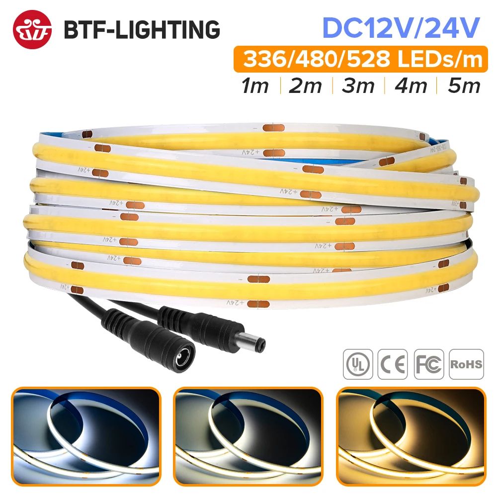 FCOB High Density COB LED Strip Light (RA90), 12V 24V Linear Dimmable Warm Natural Cool White 3000k Warm White 12v 528 Leds 5m