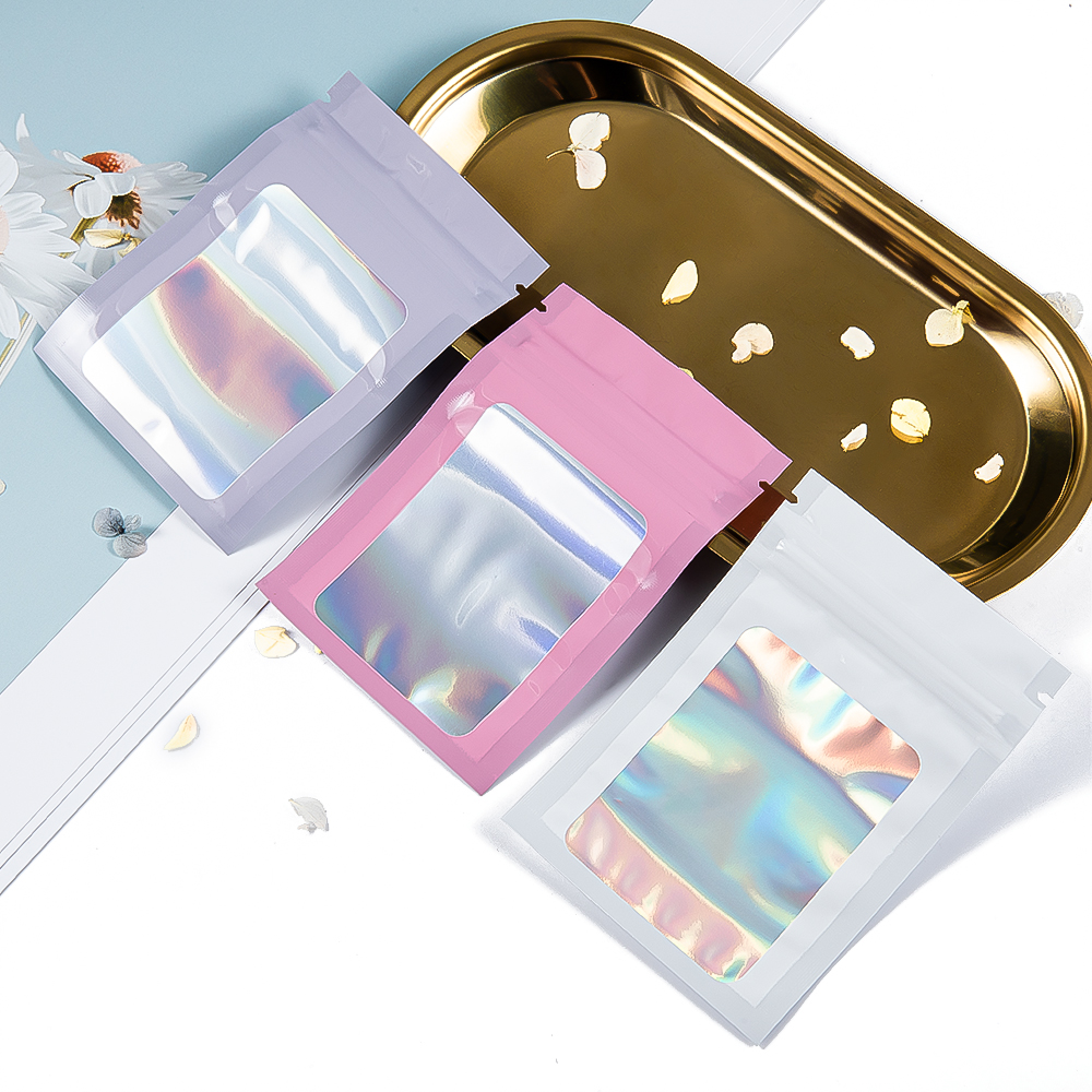 Holographic Laser Color Mylar Bag, Thick Smell Proof Pouch For Jewelry Retail Storage, Gift Zip Lock Bag pink 12x20cm