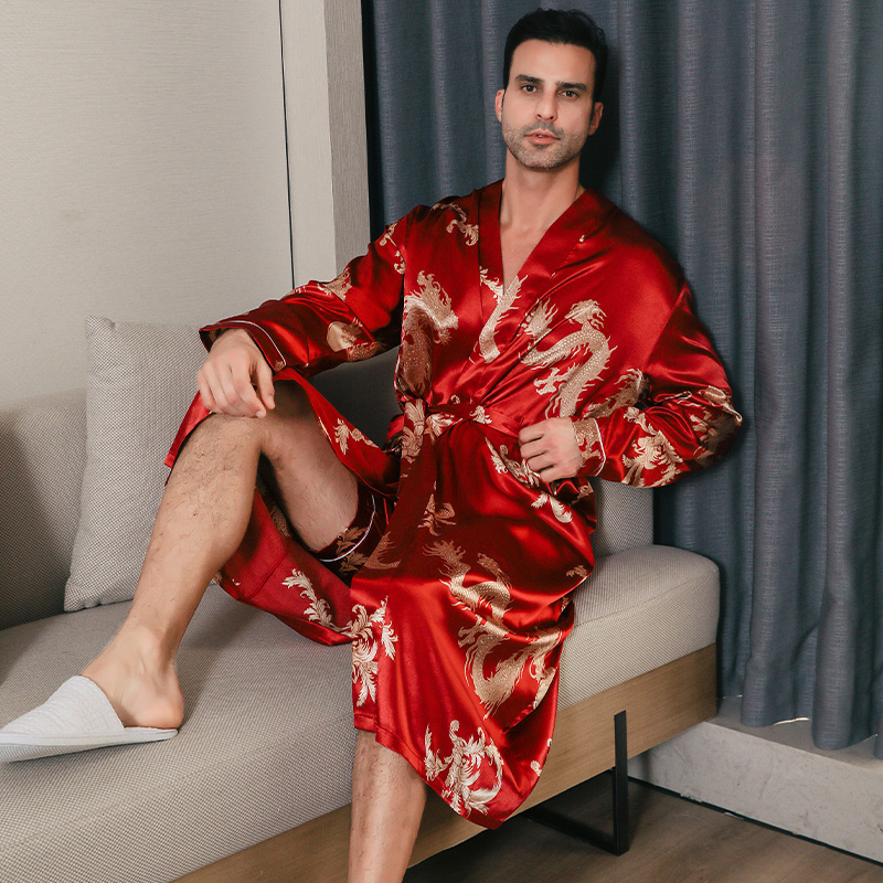 Silk Men's Pajama Oversized Long Sleeved Bathrobe Ice Silk Spring Autumn Home Clothing For Summer red m