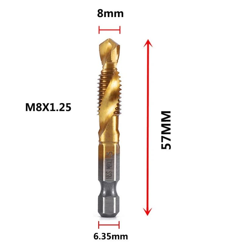 Titanium Coated Metric Tap Drill Bit Set Hex Shank Thread Tapping Tool m8x1.25 | Gold