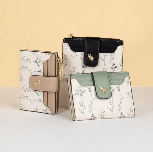 Womens PU Leather Wallet Flower Printed Short Slim Coin Purse With Card Holder green